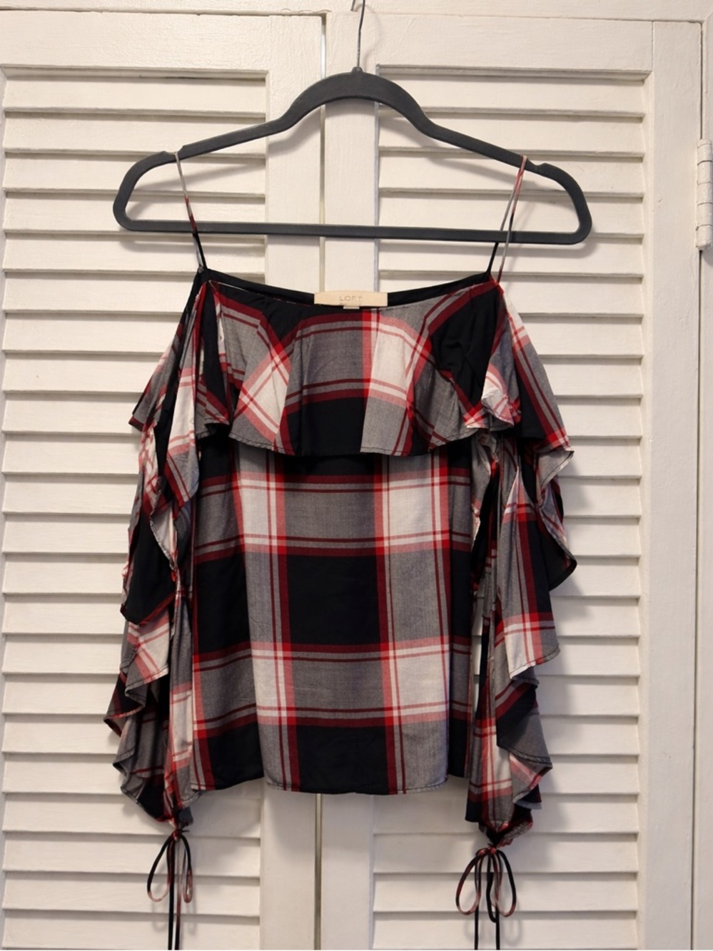 LOFT Cold-Shoulder Plaid Ruffle Top